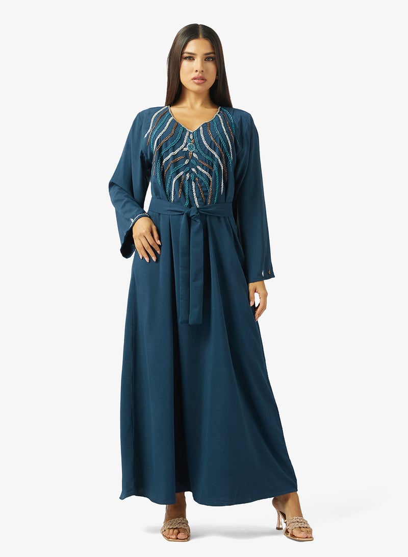 hayas closet Embellished Floral Stonework At Front Section An Belt Jalabiya - Image 1